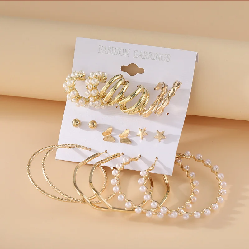 New Vintage 9 Pairs Of Colored Ladies Earrings Fashionable New Creative Simple Water Drill Star Flower Resin Earring Set