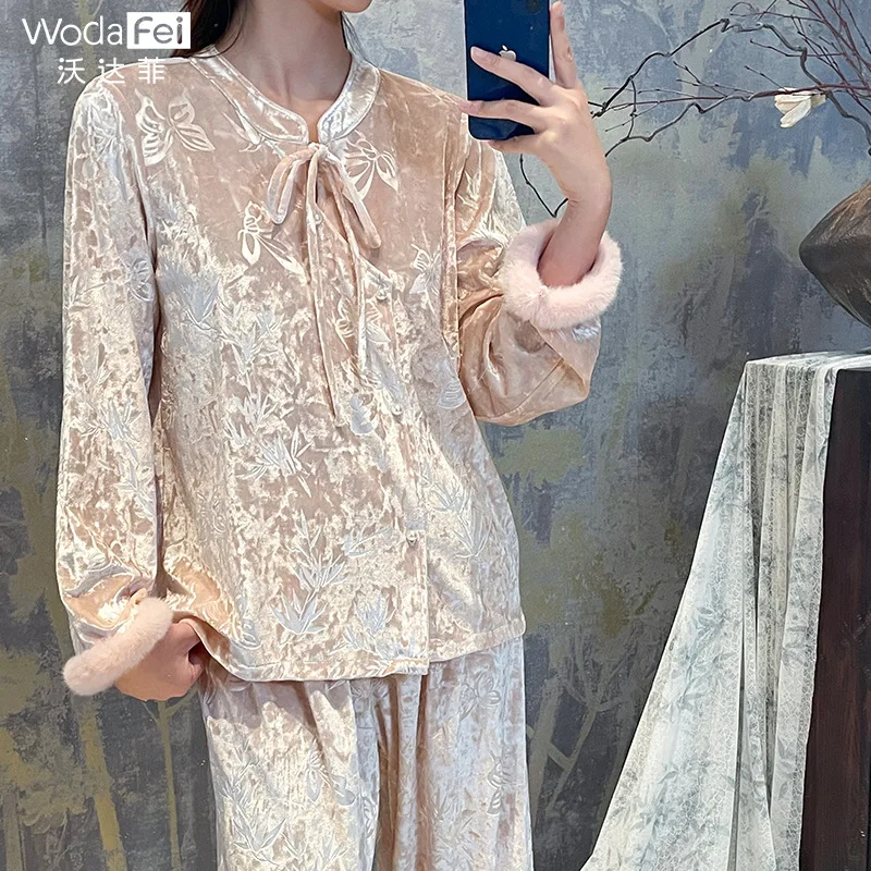 New Chinese Style Velvet Pajamas for Autumn and Winter High-end Home Wear Long Sleeves Two Piece Set Pajamas