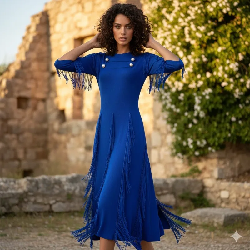 

Легкие роскошные плиссированные платья Miyake с бахромой Plisse 2026, весенние новые бретели с высокой талией и пуговицами, свободная женская одежда больших размеров