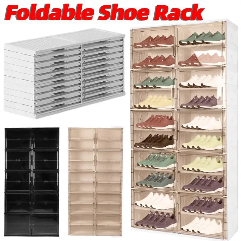 Kotak Penyimpanan Sepatu Lipat 10 Tingkat 40 Pasang dengan Pintu Transparan Magnetik, Lemari Sepatu Plastik, Rak Sepatu, Organizer Rak Pintu Masuk