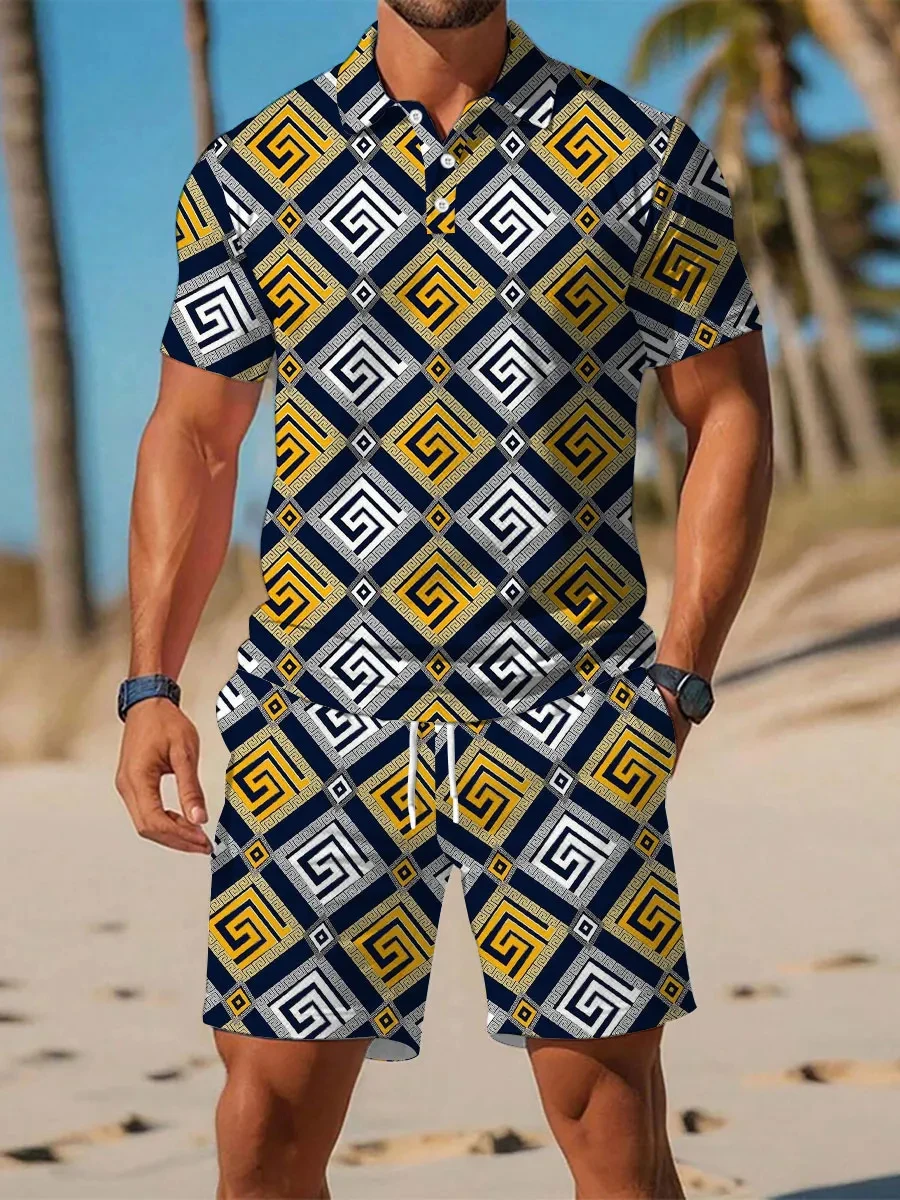 New Men's Summer Sports Set Men's Set Retro 3D-Printed Casual Short-Sleeve T-Shirt Collared Button-Down Polo Shirt Men's Apparel