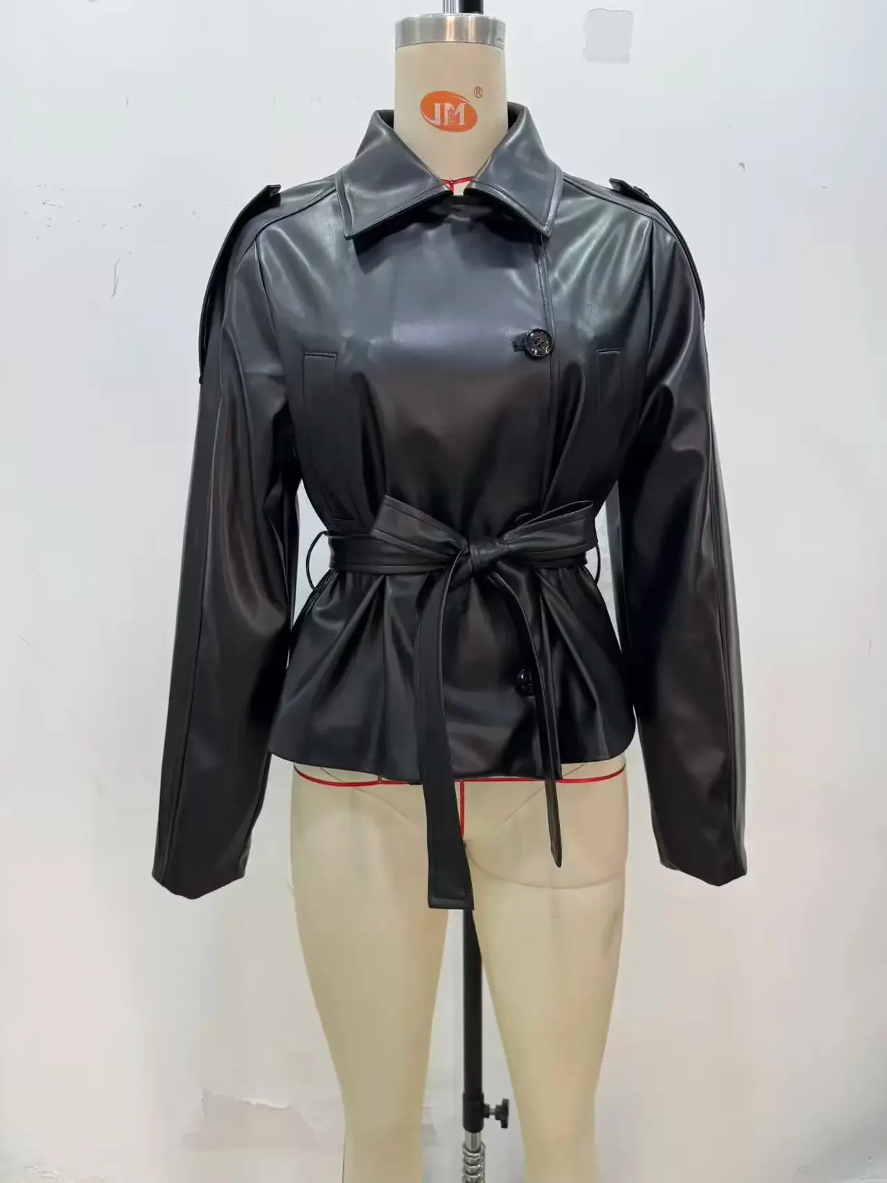 

HH Women New Fashion Versatile Imitation Leather Short Windbreaker Coat Female Autumn Temperament Slim Lapel Bow Belt Jacket