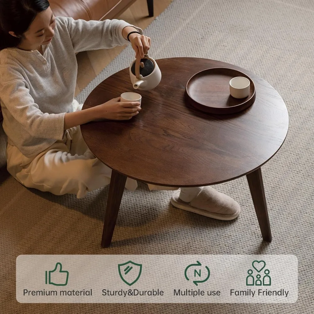 100% Solid Oak Wood Coffee Table Set, Round Coffee Table Combo Side Table w/Solid Wood Legs, Mid Century Table Sturdy Tables for