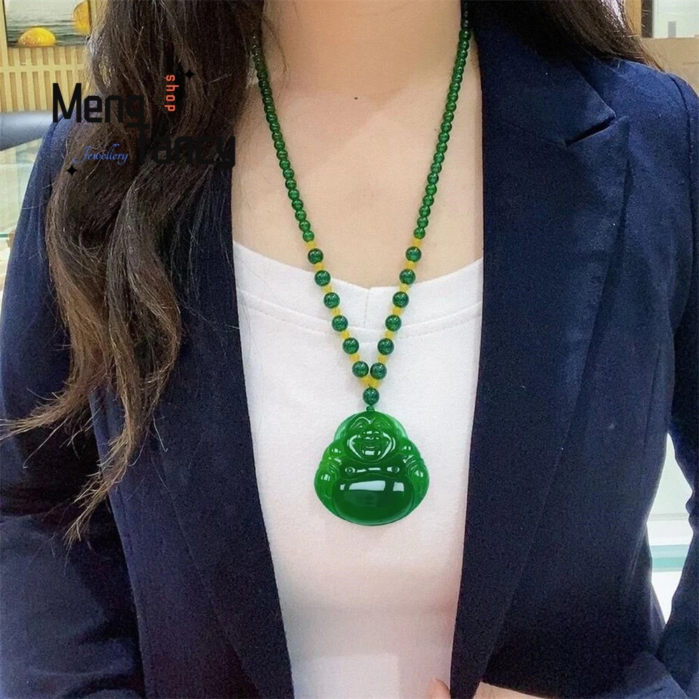 

Natural Green Chalcedony Agate Smoke Purple Maitreya Buddha Guanyin Pendant Exquisite Elegant Couple High-grade Fashion Jewelry
