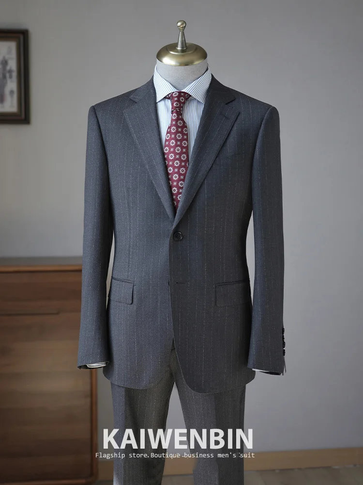 Men's Suits 2-Piece Gray Stripe Silk Cashmere Blend Adjustable Waist Double Vents Groom Wedding Business Suits Custom Tailored