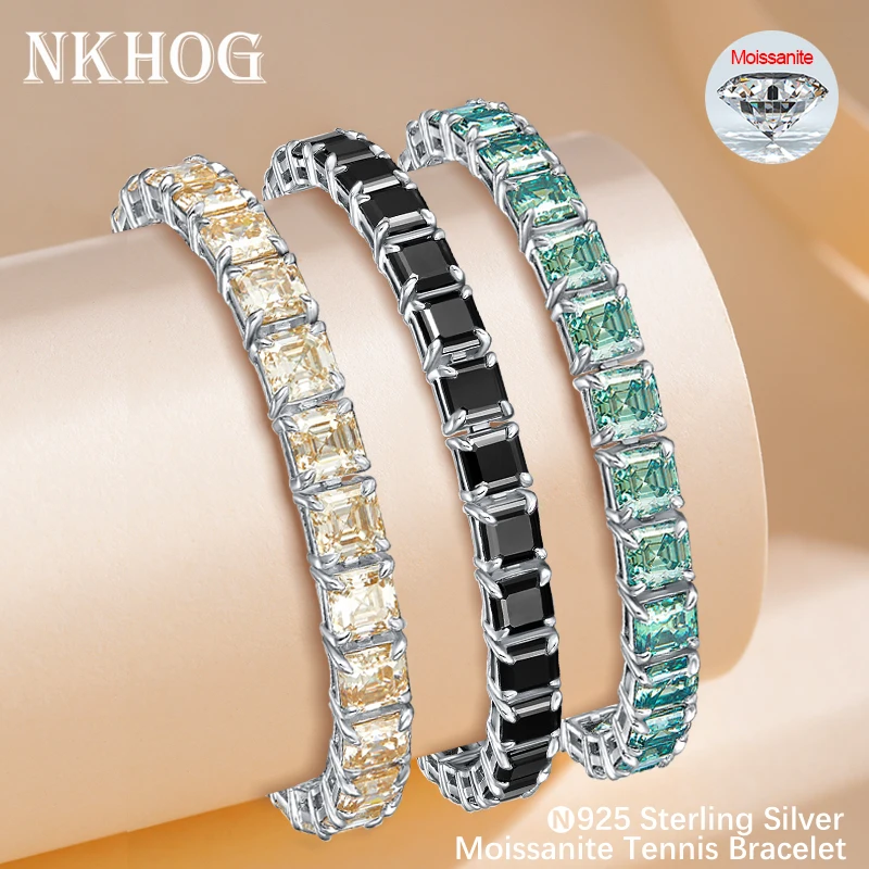 

NKHOG Full Asscher Moissanite Tennis Bracelet 925 Sterling Silver Women 18K Gold Plated Green Champagne Black Bangle Jewelry GRA