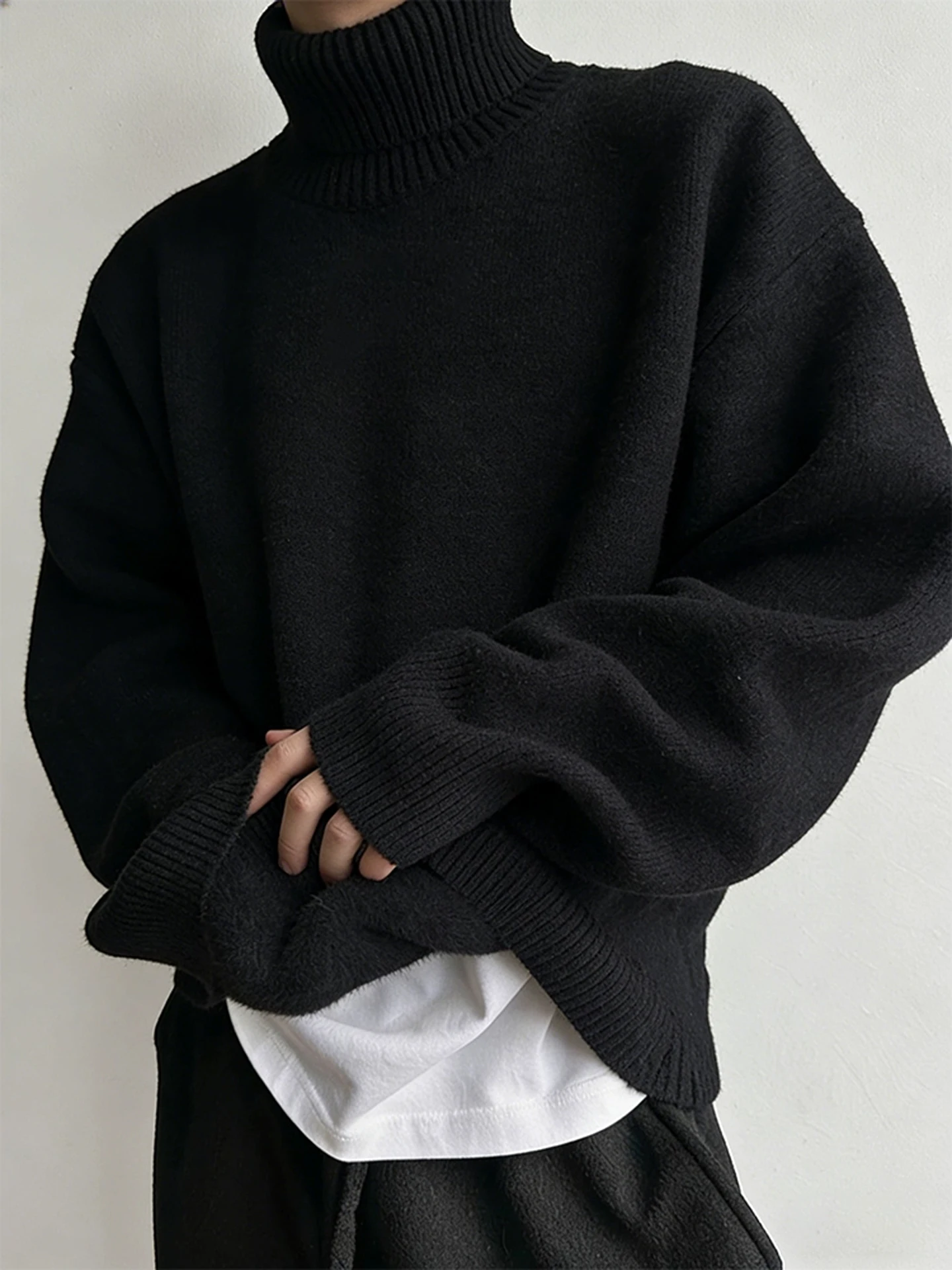 

Men's High Collar Fce Lined Knitted Sweater Winter Thiened American Lazy High End Warmth Inner Knit Base irt