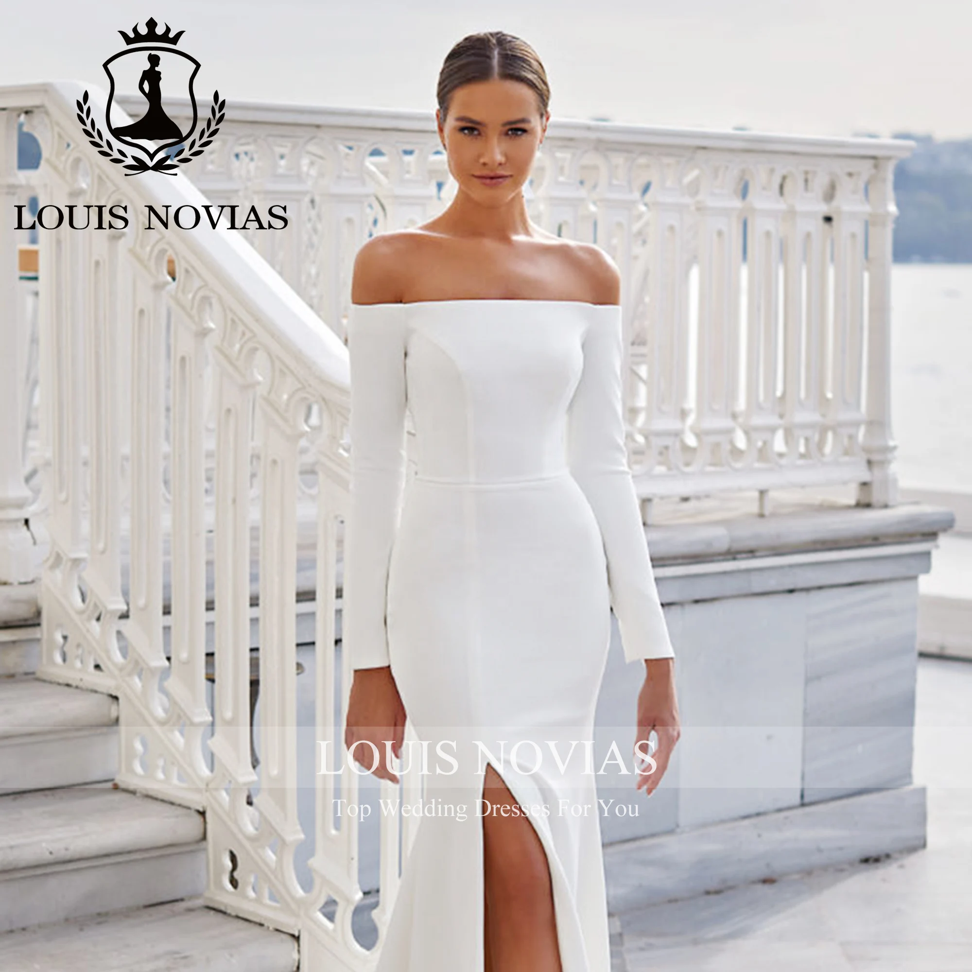 

LOUIS NOVIAS 2IN 1 Mermaid Long Sleeve Wedding Dresses Boat Neck Elegant Thigh Split Sheath Satin Wedding Gown Vestidos De Novia