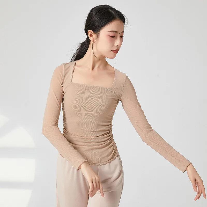 

Adult Slim Fit Mesh Semi Transparent Side Ruched Belly Dance Square Neck Blouse Top Costume for Women Dancing Clothes Clothing