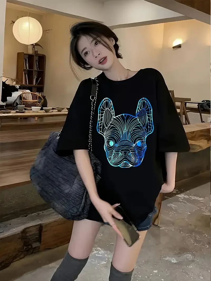 

Plus - Size Women's Black Oversized Short - Sleeve T - shirt, Glow - in - the - Dark French Bulldog Print, Cozy & Trendy