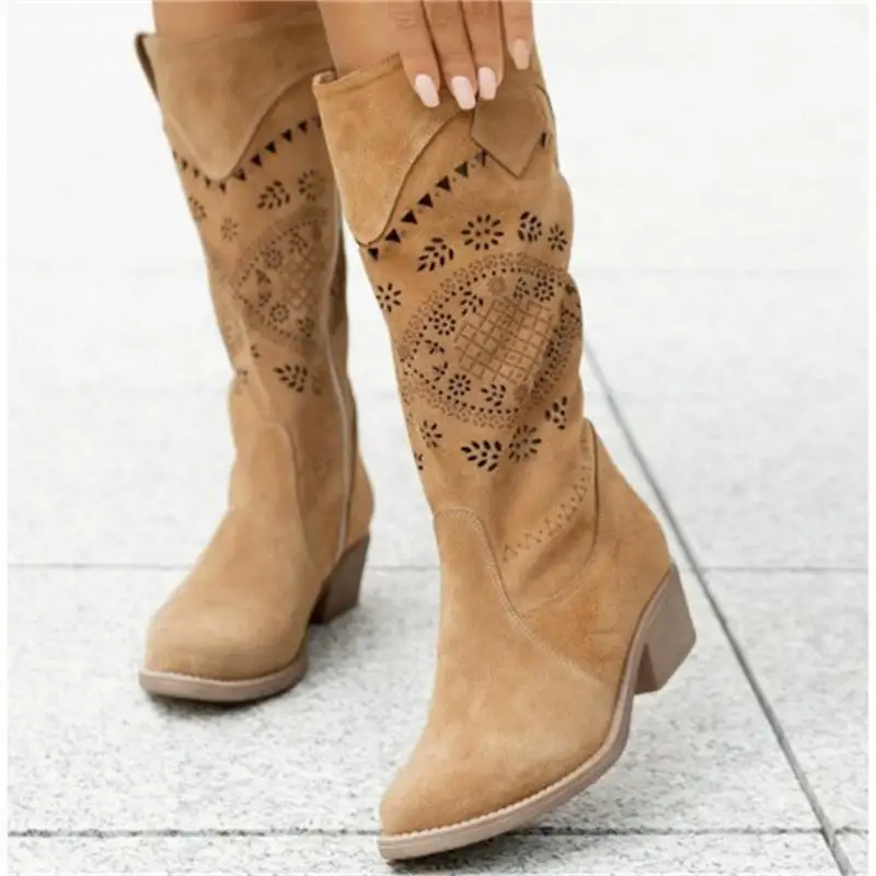 2022 Suede Women Boots Vintage Flower Hollow Zipper Female Shoes Low Heel Pointed Toe Lady Mid-Calf Booties Autumn Winter Botas