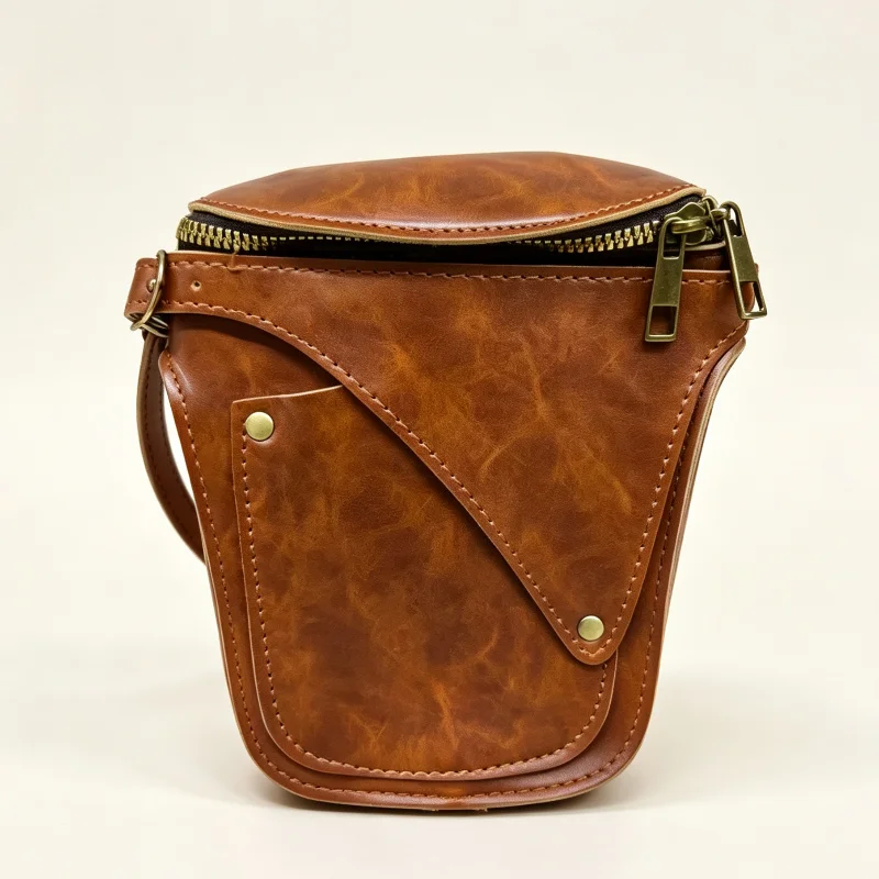 American Vintage PU Leather Waist Bag Minimalist Solid Men Zipper Closure Pack Casual Daily Exquisite Riding Outdoor Phone Pouch
