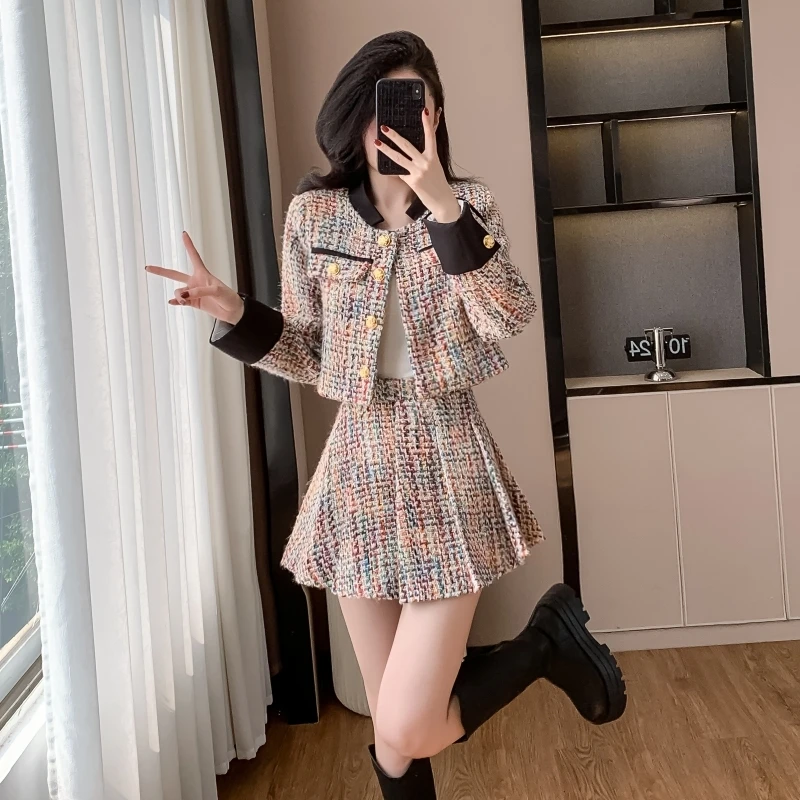 2025 Autumn Winter New Fashionable Flower Yarn Fragrant Style Set Tweed Jacket and Pleated Skirt Two-piece Set