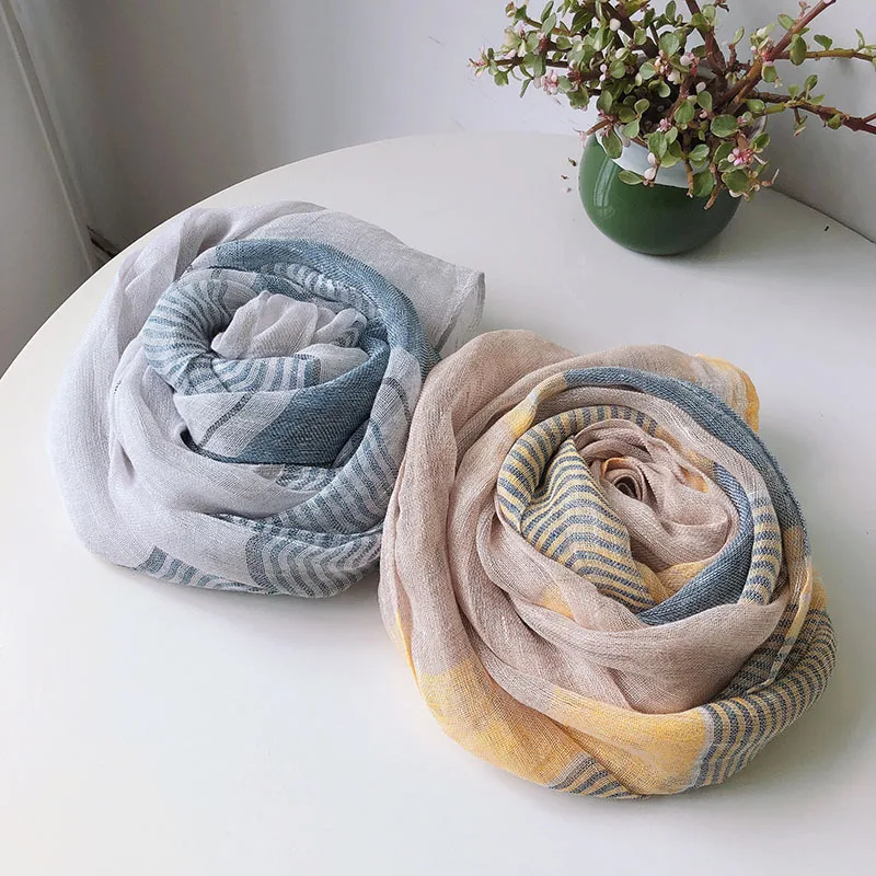 Linen Stripes Elegant Light Scarf For Ladies  Women Light Linen Scarf Shawls High Quality Headband Long Scarves