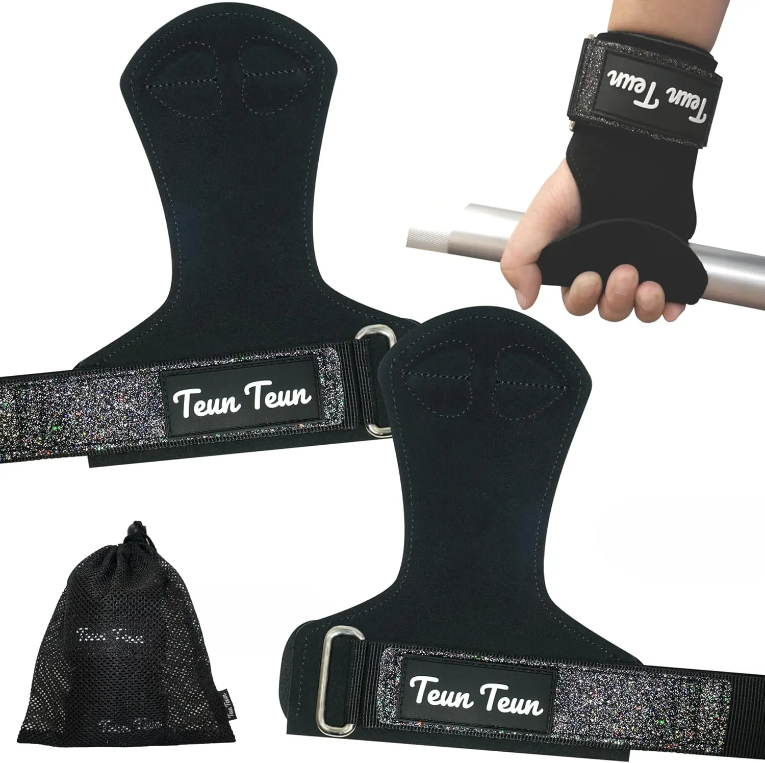 Teun Teun Glitter Wrist Straps for Weightlifting, Women's Gym Lifting Straps for Deadlift, Leather Workout Weight Lifting Grips
