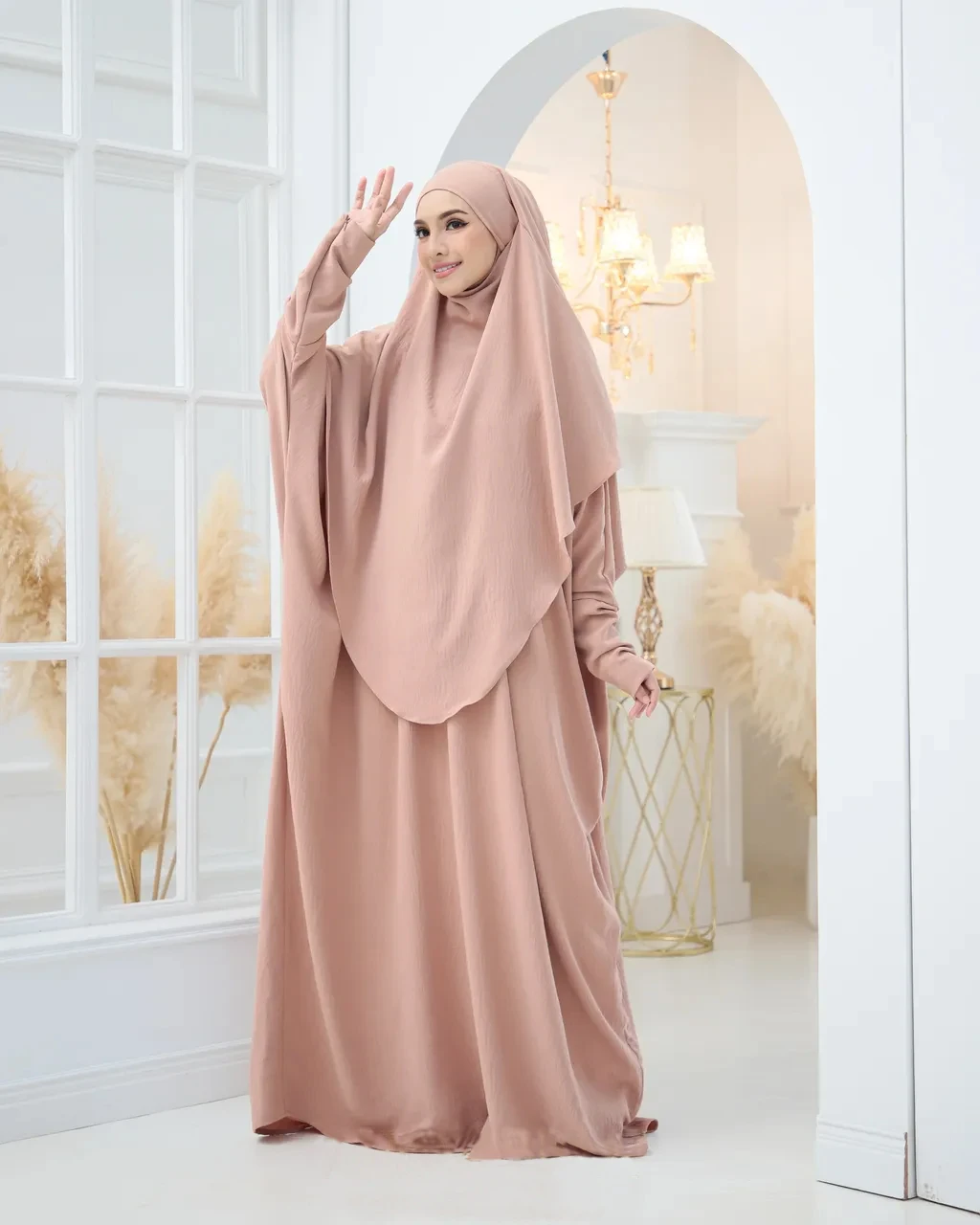 2024 New Plain Robe Headscarf Two-piece Set Ice Silk Wrinkle Loose Women\'s Suit Cuff Zipper Women\'s Clothing