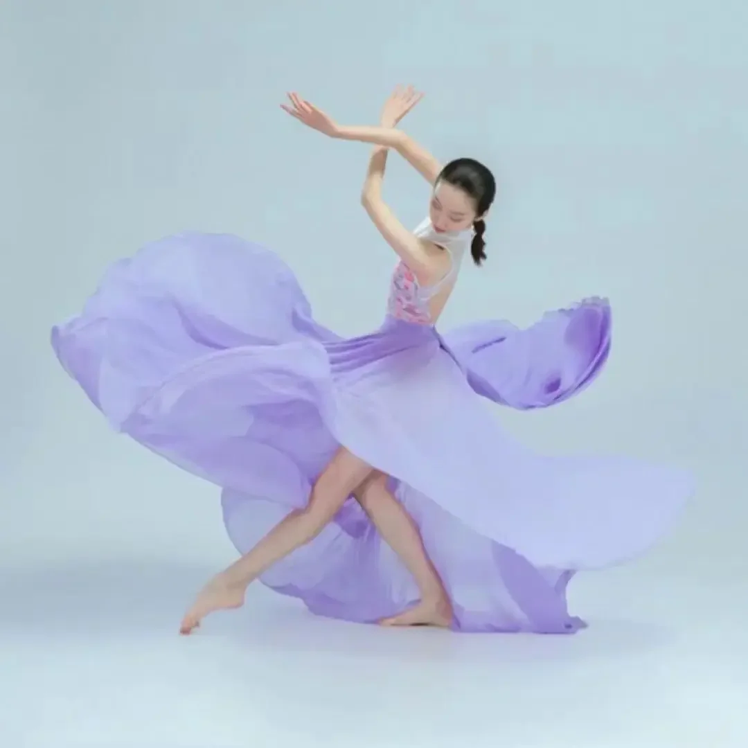 2025 Autumn and Winter Women Belly Dance Chiffon Purple Lace up Ballet Classical Dance Performance Elegant Practise Long Skirts
