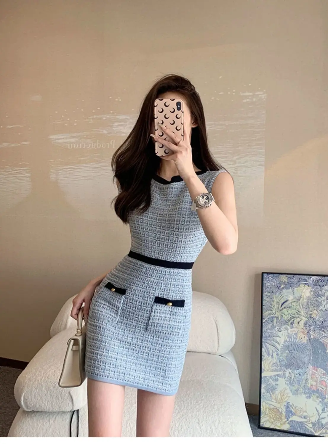 Elegante Ärmellose Strickkleider Frauen Sommer Kontrast Farbe Oansatz Taille Slim Fit Mini Kleider Mode Party Vestidos