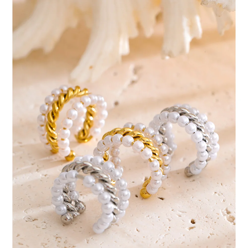 Yhpup Simulated Pearls Layered Ear Bone Earrings for Women Stainless Steel Chic Fashion Ear Clip Accessories