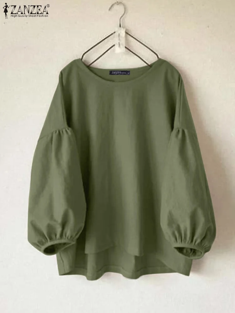 ZANZEA Bluzki Damskie Trend 2024 Jesienne Topy Casual O Szyja Długi Rękaw Solidna Koszula Luźna Vintage Blusas Para Mujer Chemise
