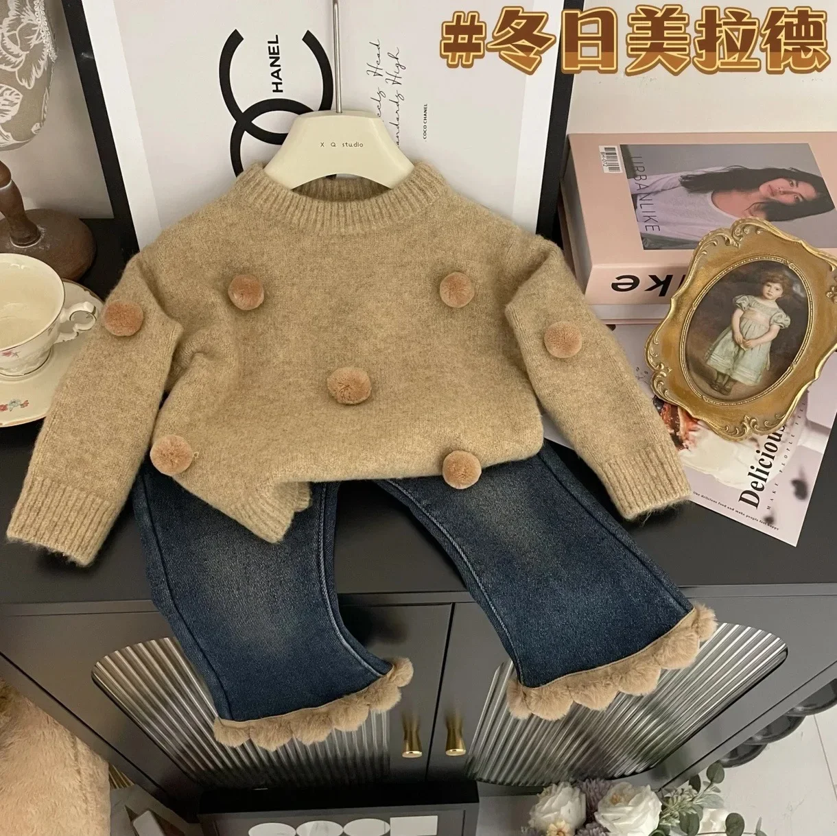 Children Sweater for Girls 2024 Autumn Winter New Western Korean Thickened Knitwear Winter Sweater Jeans Set Fashion