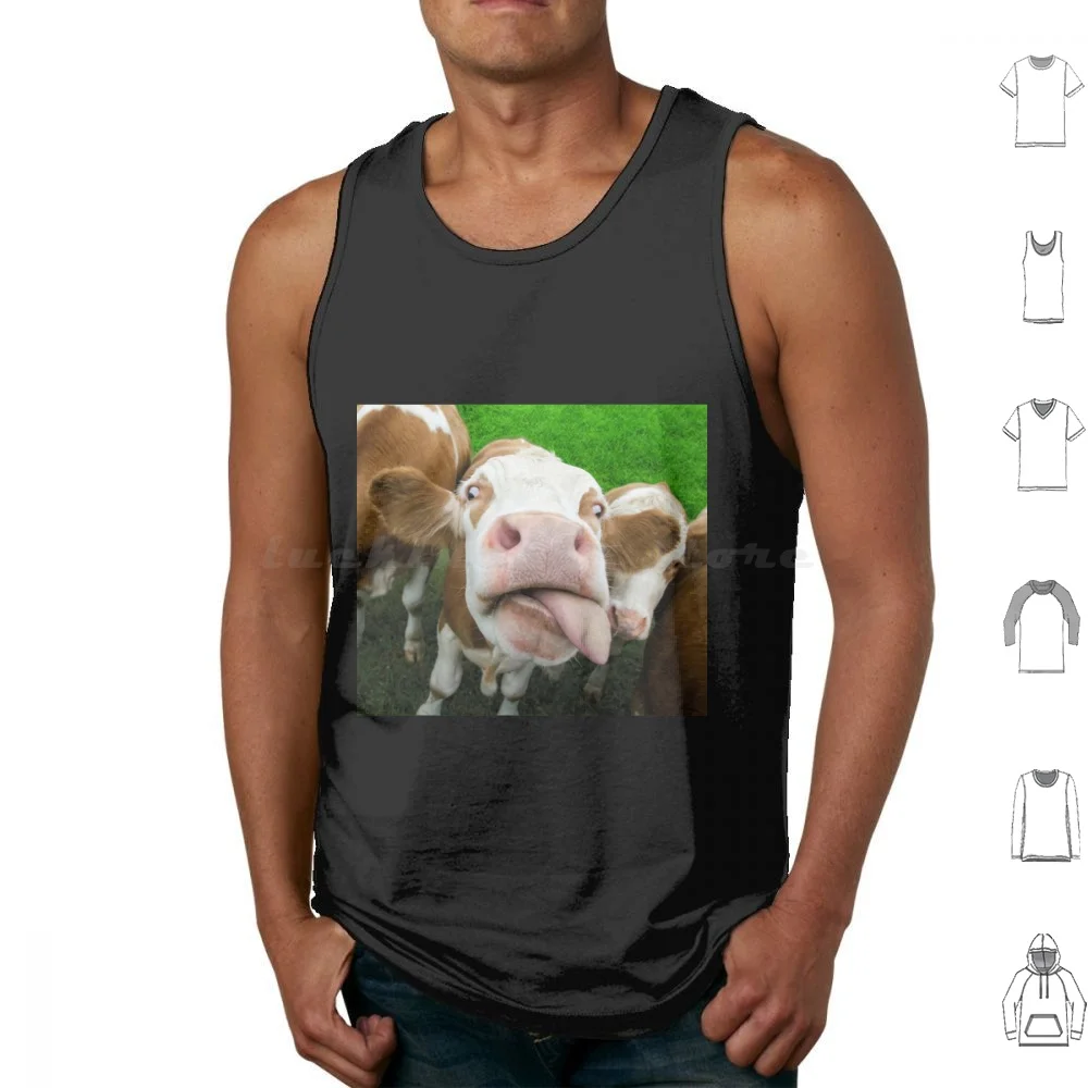 Funny Face Cow Sticking Out His Tongue Tank Tops Print Cotton Cow Tongue Funny Cow Face Farming Farm Animals Cattle