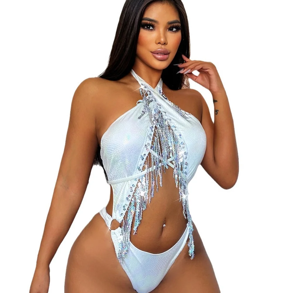 Costume da bagno intero nuovo Sexy europeo e americano nappa moda costume intero Backless Halterneck Bikini Skinny 2024
