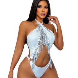 One-piece Swimsuit New Sexy European And American Tassel Fashion One-piece Swimsuit Backless Halterneck Skinny Bikini 2024