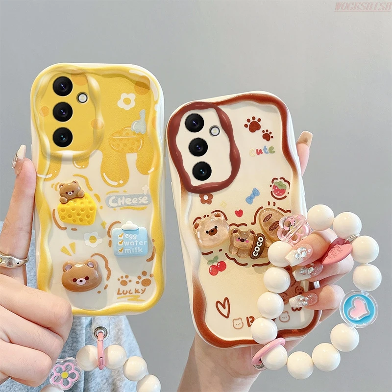 3D Cartoon Cute Bear Wave Phone Case For Samsung Galaxy S24 S23 Ultra S22 Plus S21 S20 FE Flower With Wrist Strap Cover