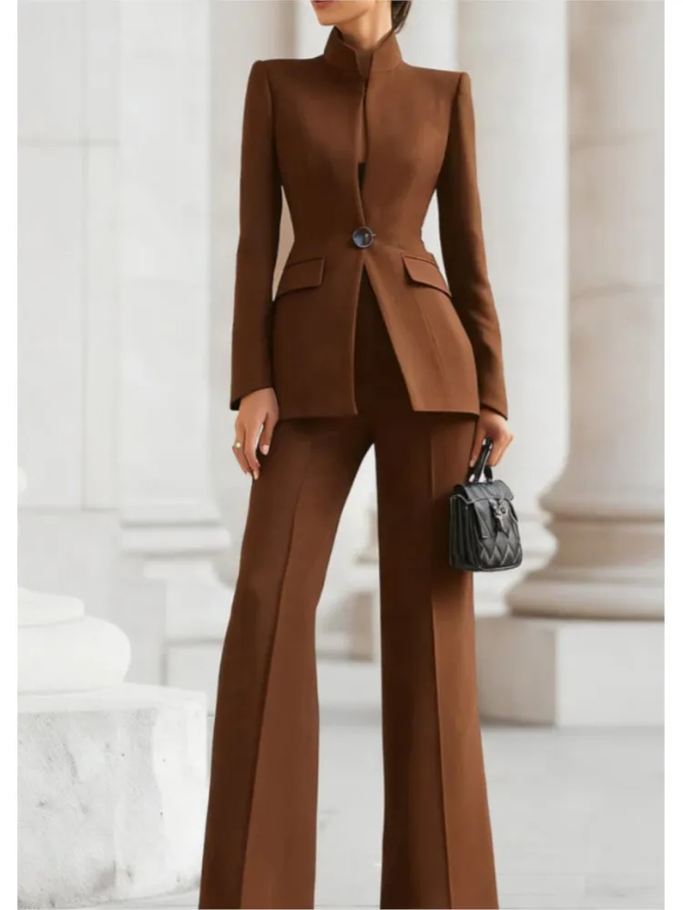 

Элегантный женский однотонный приталенный костюм-двойка: модный весенний комплект с воротником-стойкой, блейзер с длинными рукавами и брюки, повседневный офисный костюм