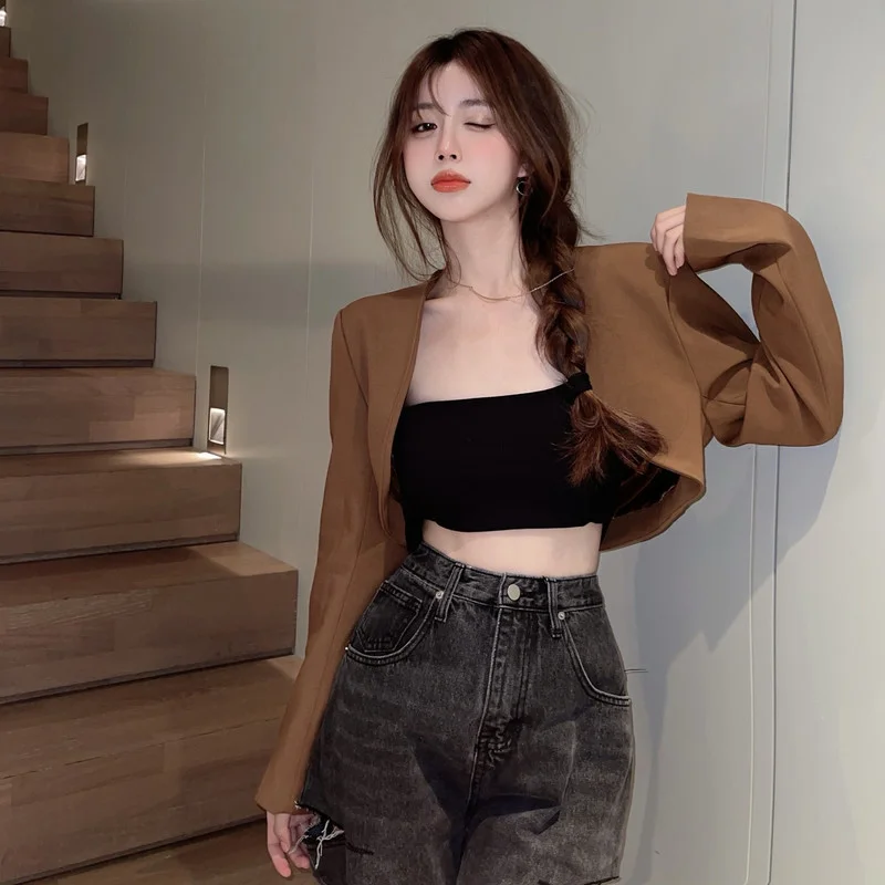 Blazers Women Crop Solid Basic All-match Casual Chic Ins Spring New Arrival Sexy Gentle Cool Club Streetwear Korean Style Retro