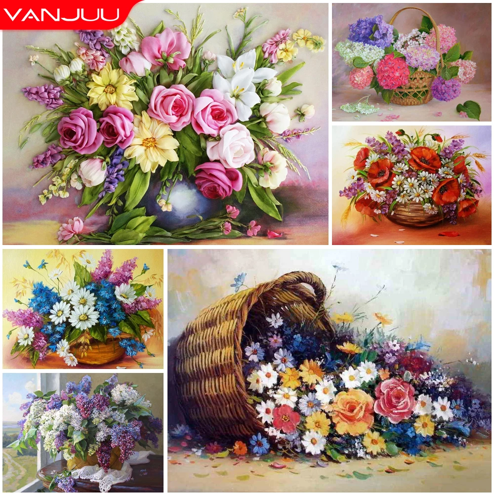 

Flowers 5D Diamond Painting Colorful Flowers Basket Diamond Painting Mosaic Full Drill Diamond Embroidery Painting Home Decor