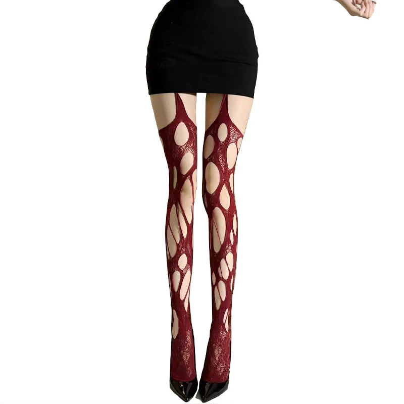 Sexy Ripped Pantyhose Irregular Holes And Rose Designs Stockings Women Lingerie