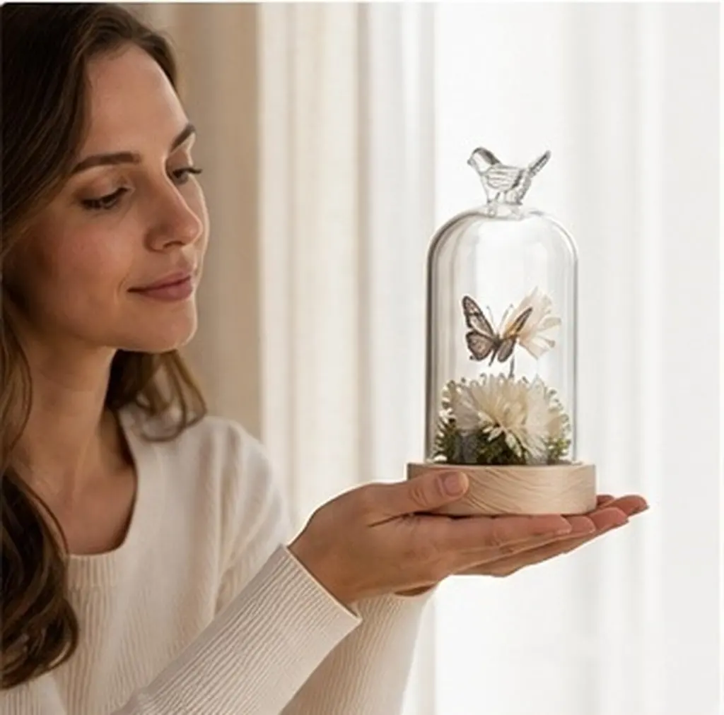 1Pcs Mini Glass Dome Cover Bird Motif Elegant Clear Glass Display Dome for Artificial Plants Eternal Flowers Collectibles Shelf