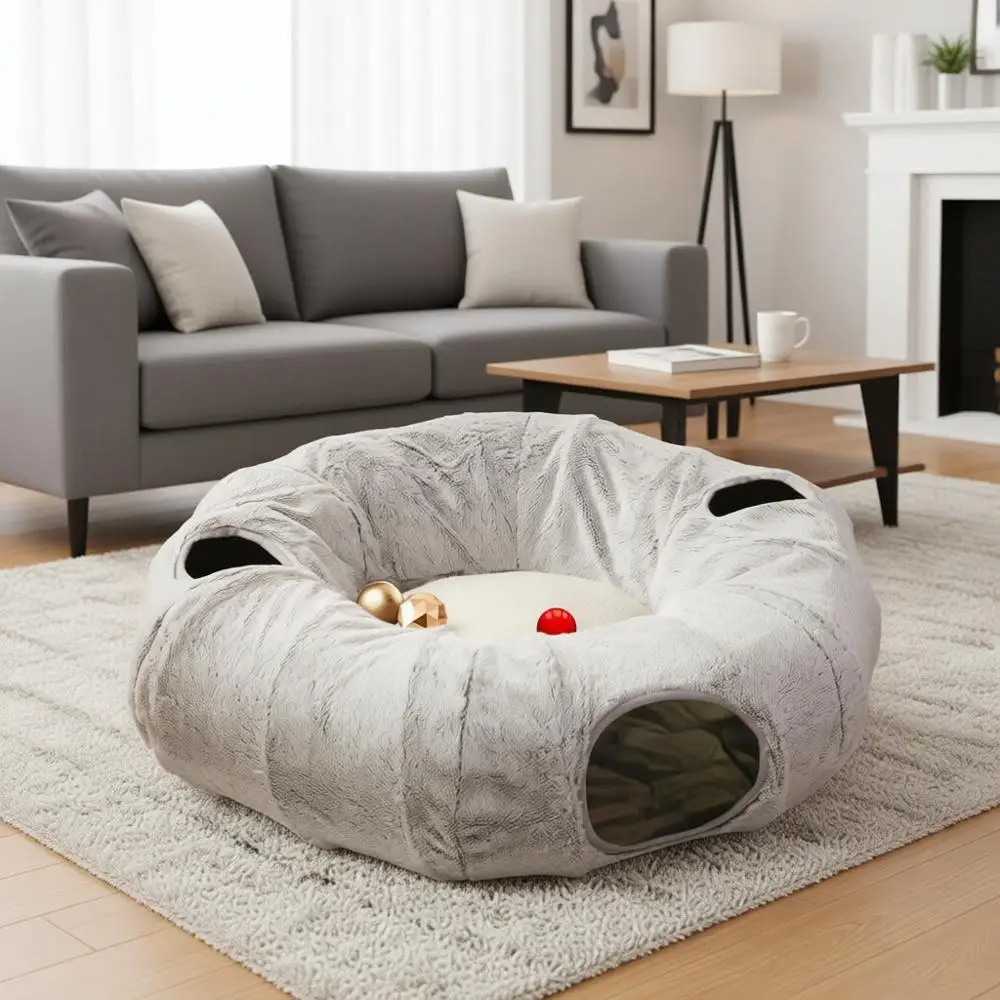 

Милый тоннель-пончик с моющейся круглой подушкой, круглая игрушка-тоннель для кошек/щенков/кроликов, серый