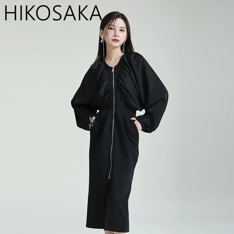 2024 New Black Dress O-neck Zip Up Long Sleeve Midi Robe 2024 Autumn Fashion Casual Vestidos Feminino Harajuku Grunge One Piece