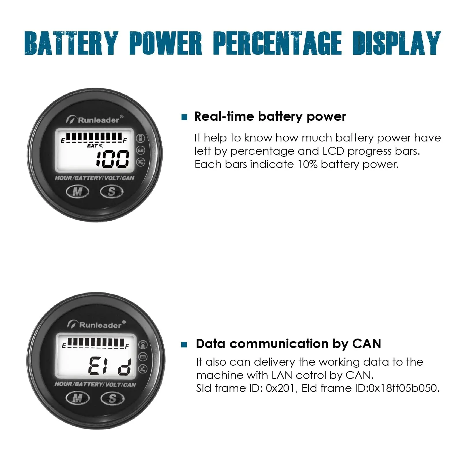 LCD 12V to 48V Battery Level Indicator,Hours and Voltage Gauge,Data CAN Communication - Suitable for Battery Type Lead Acid