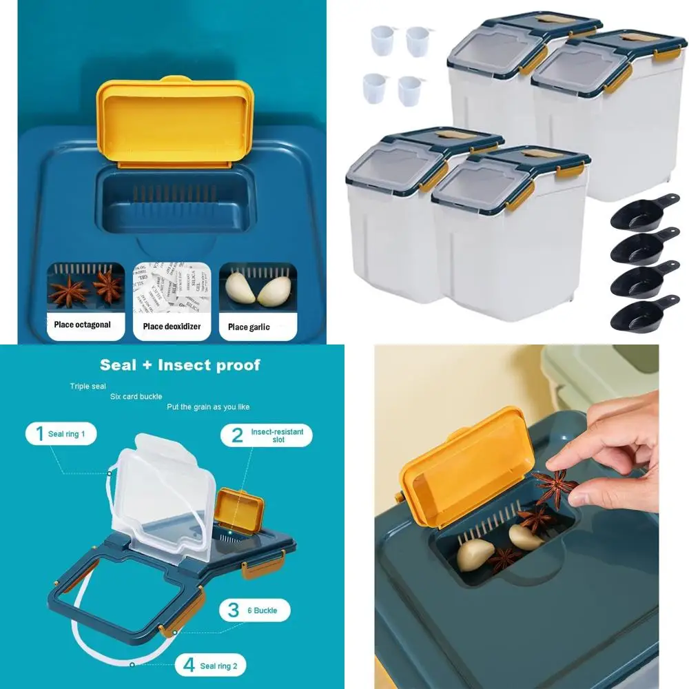 

Airtight 25lb Rice Storage Bin Set with Wheels, Seal Lock Lid, BPA-Free, Includes Measuring Cup & Scoop (Blue)