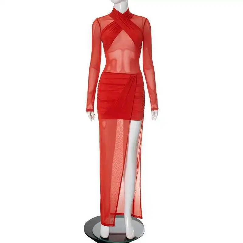

Women's 2025 H24ds249 New New Mesh Cross Long Sleeved Slit Dress with Hips Wrapped Fashion 2025 Summer Dress Robe Vestido Women