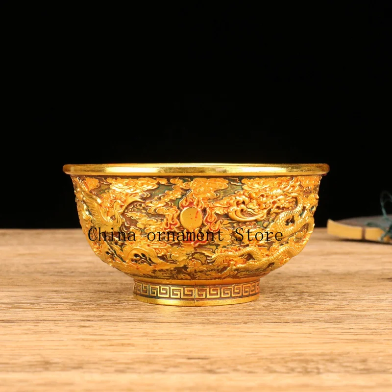 Antique-style alloy gilded black and gold dragon and phoenix bowl, intricately carved floral bowl, enamel-decorated ornament, me