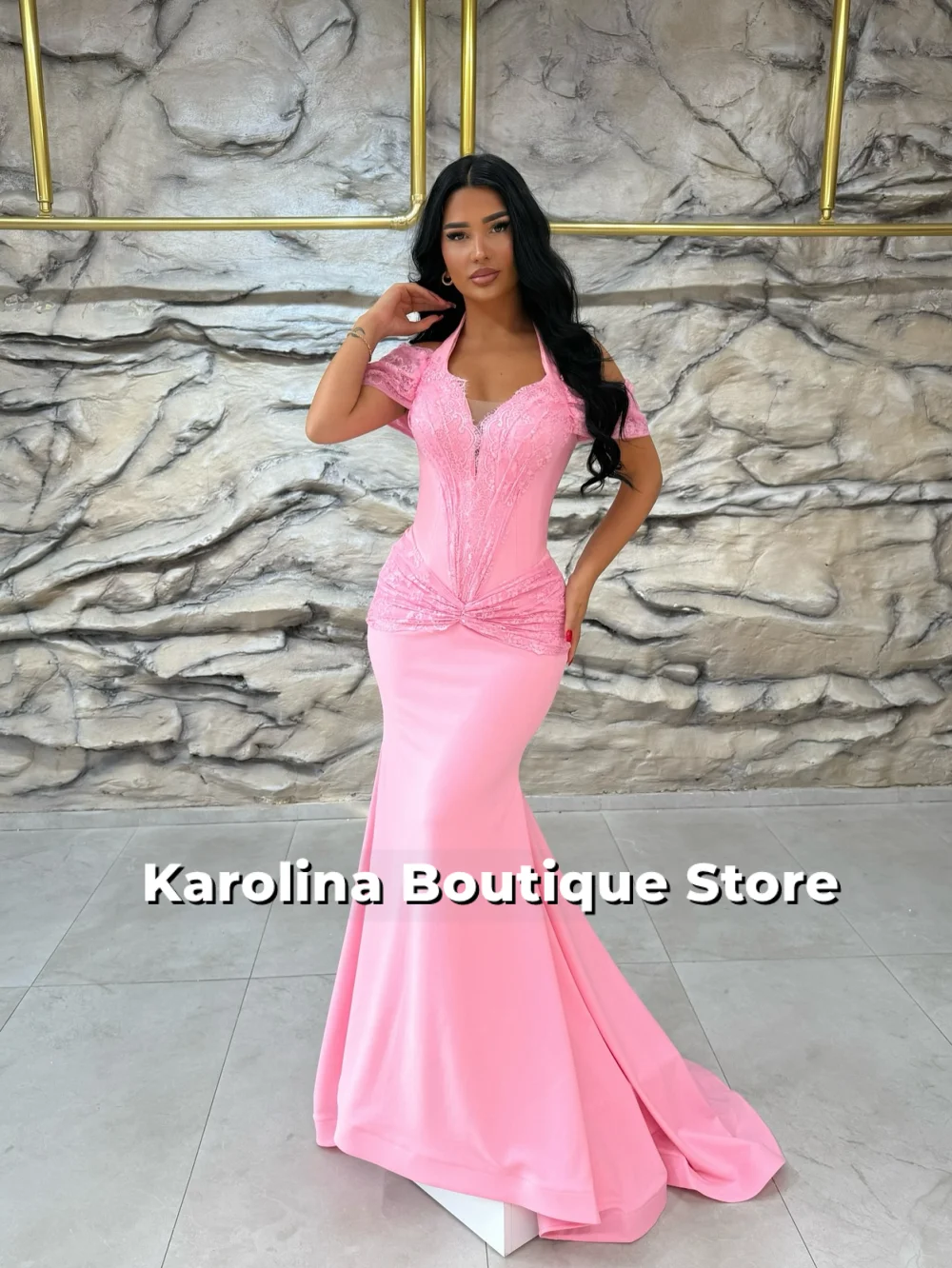 

Pink Halter Beaded Mermaid Evening Dresses Backless Arabic Wedding Party Gowns Dubai Cocktail Gowns Customized