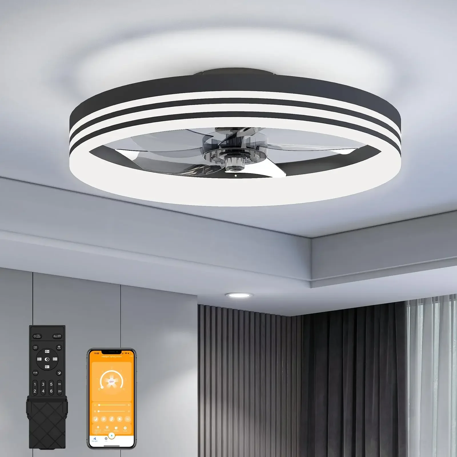 

Fan Light Living Room Hall Main Light Dining Room Bedroom Silent Integrated Ceiling Fan LED Intelligent Circular Black