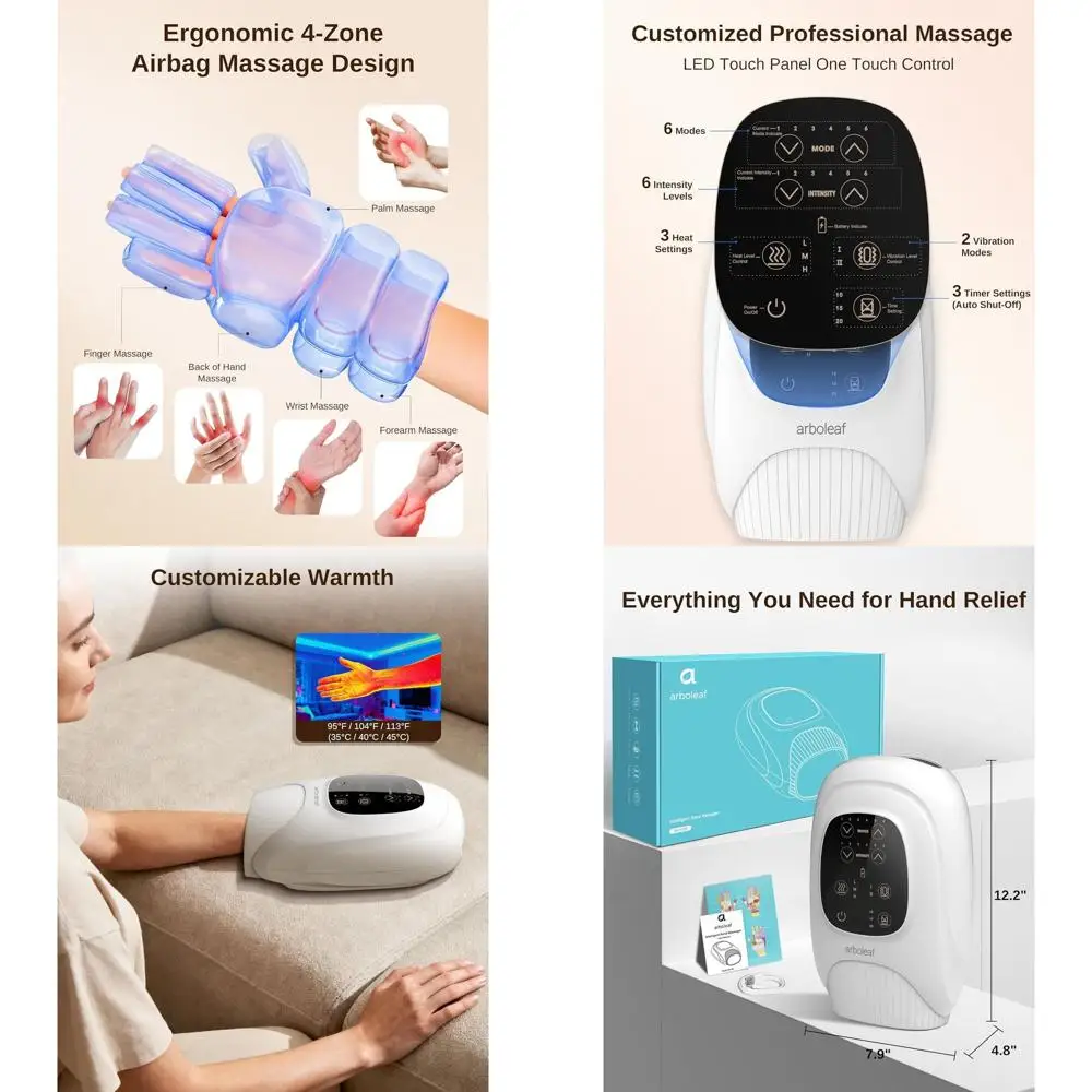 

Массажер для рук с подогревом и компрессией для мужчин и женщин, 6 режимов массажа и 3 уровня нагрева для пальцев, запястий и предплечий