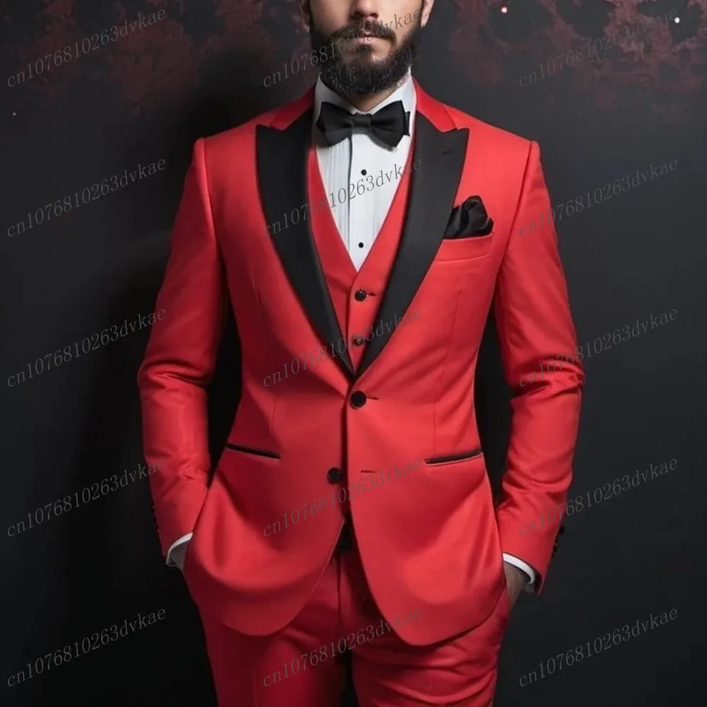 

New Black Lapel Red Formal Business Men Suit Groom Groomsman Wedding Party Prom Male Tuxedos 3 Piece Set Blazer Vest Pants