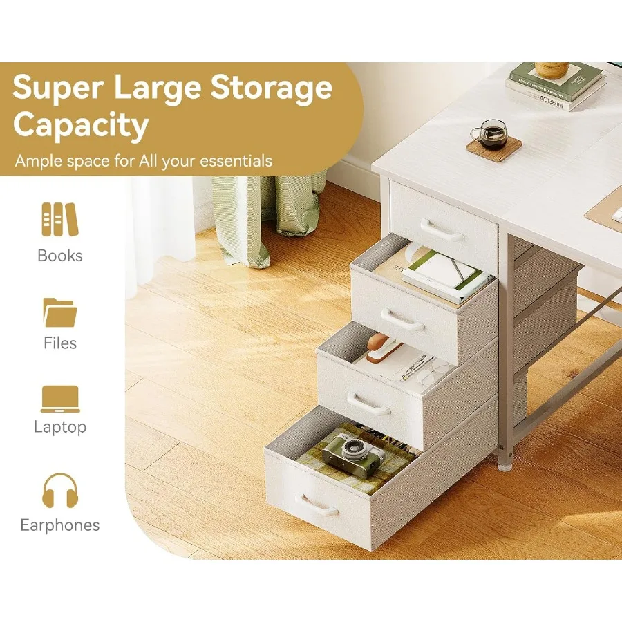 48 Inch White Computer Desk with 8 Fabric Drawers for Modern Home Office Study and Gaming Setup Featuring Large Storage Capacit