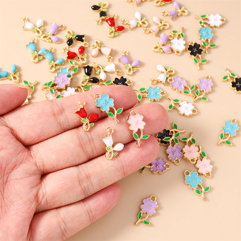 10 Stück niedliche, bunte Emaille-Blumenanhänger zum Basteln von Halsketten, Ohrringen, Armbändern, DIY-Bastelarbeiten und Schmuckaccessoires – Detail 2