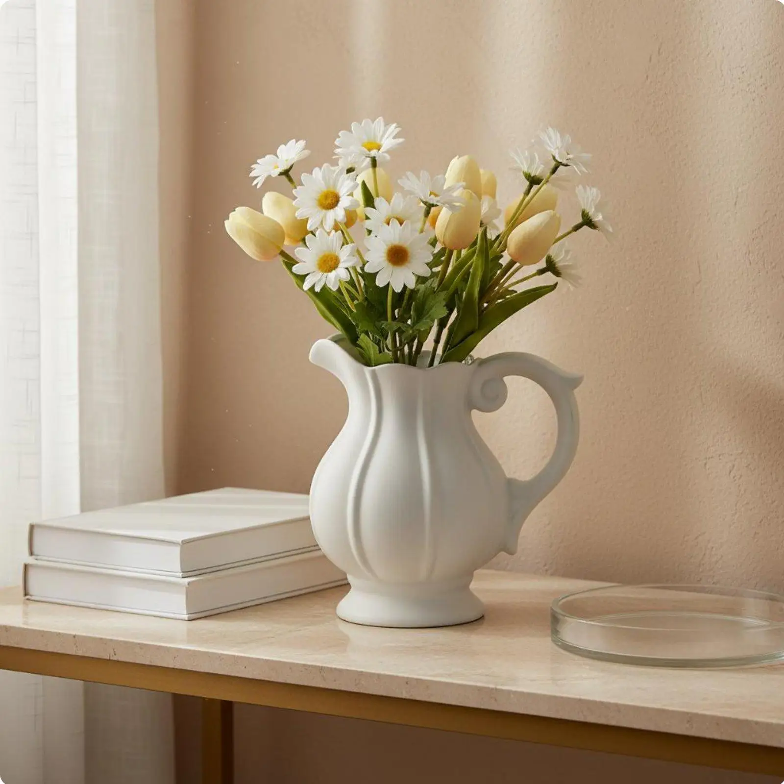 Fluted Flower Pitcher Elegant Design Ceramic Pitcher Vase Retro Design