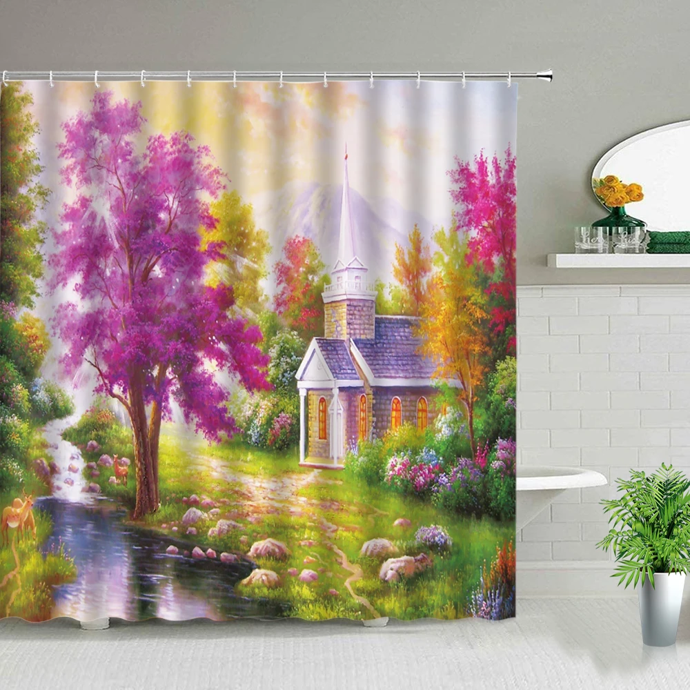 

Oil Painting Scenery Shower Curtains Mangrove Hut Creek Flowers Plant Deer Spring Waterproof Fabric Bath Curtain Bathroom Decor