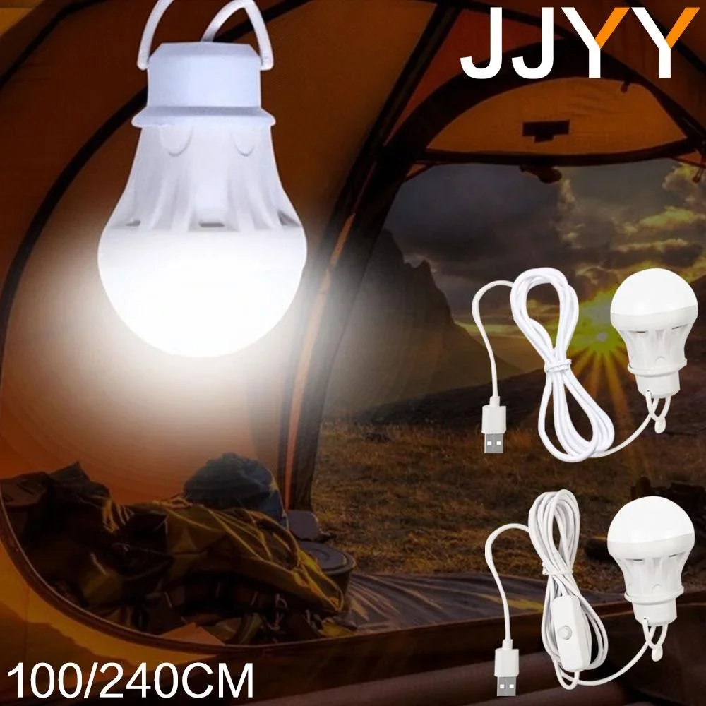 JJYY 100/240CM bombilla USB LED luz de Camping portátil Mini bombilla 5V luz de libro de energía con botón de interruptor