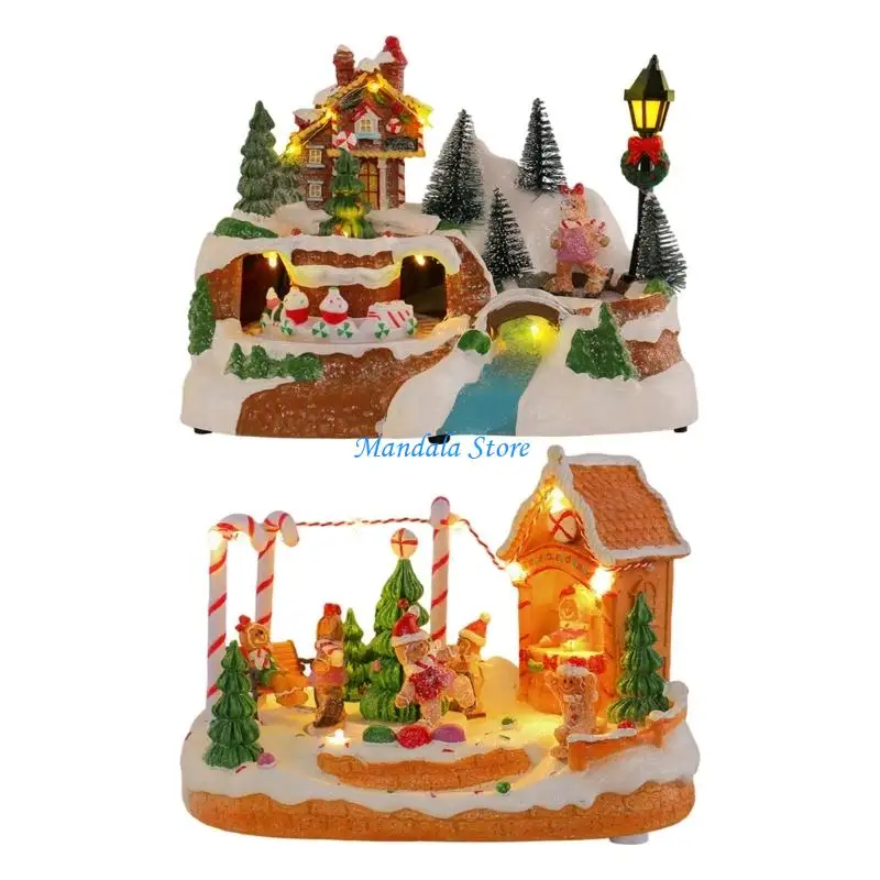 

U2JC Christmas Village House Figurines Musical Christmas Collectible Buildings Decors with Spinnings Train Music LED Light